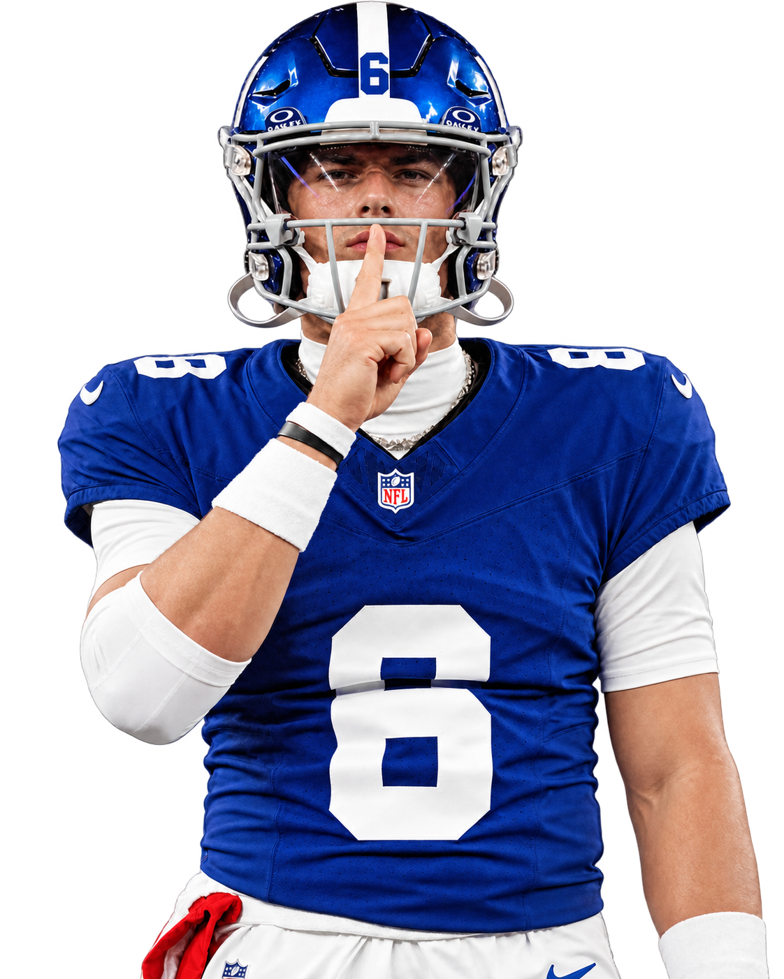 Football athlete holding a finger to his lips in a shushing gesture